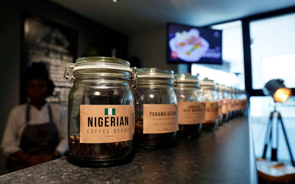 Glass jars with coffee beans in a Nigerian coffee shop
